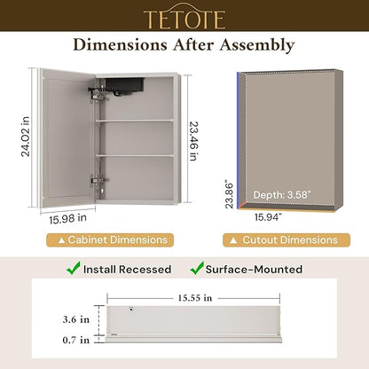 TETOTE 16 x 24 Lighted Bathroom Medicine Cabinet with Adjustable Shelves, Silver Aluminum Cabinet, Anti-Fog Stepless Dimmable 3 Colors White/Warm/Natural, Easy to Install(Wall Mount/Recessed)