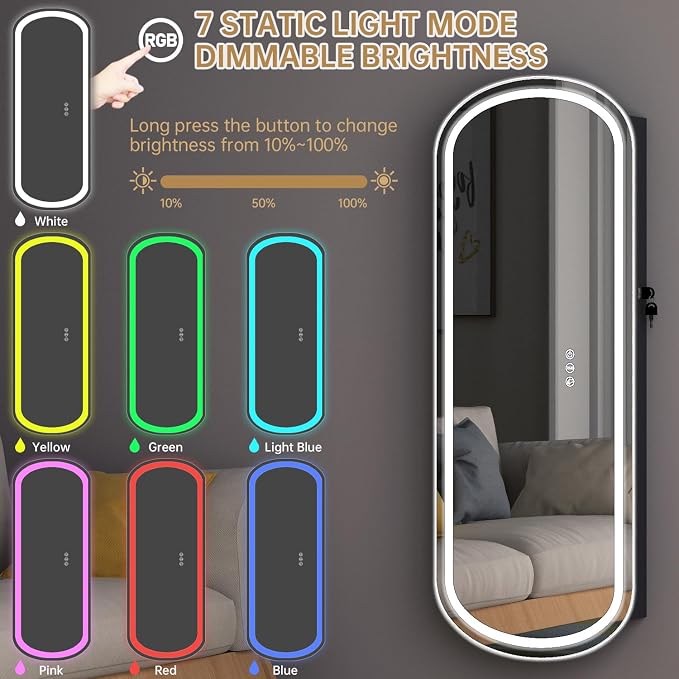 Mirror Jewelry Armoire Cabinet Organizer Wall Mounted Over the Door Black | Full-Length Lockable Rounded Wide Mirror with Storage Interior Mirror Door Mount Adjustable RGB LED Light Gift for Chrismas