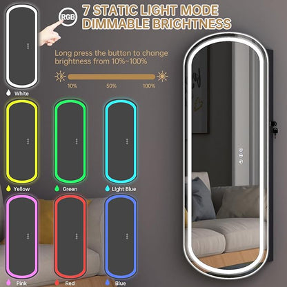 Mirror Jewelry Armoire Cabinet Organizer Wall Mounted Over the Door Black | Full-Length Lockable Rounded Wide Mirror with Storage Interior Mirror Door Mount Adjustable RGB LED Light Gift for Chrismas