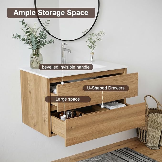 72"Modern Floating Double Sink Bathroom Vanity, Wall Mounted Bathroom Cabinet with U-Shaped Drawers, Beveled Invisible Handles Open Side Shelf, FSC Certified Wood Veneer (Wood color, 72 lnch)