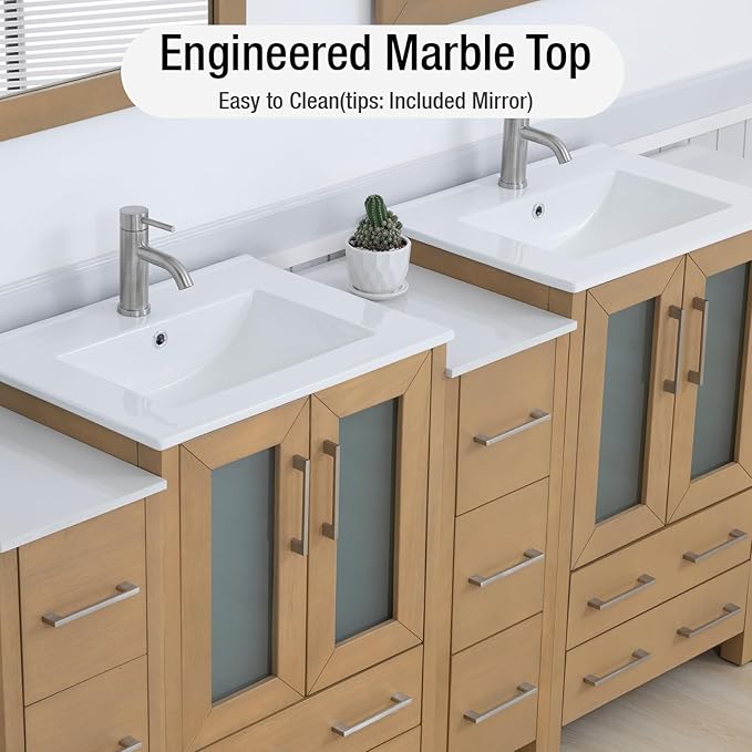 HOMEBEYOND 84 Inch Modern Bathroom Vanity with Sink & Mirror, Double Sink Vanity Cabinet with Basin and Mirror, Dove-Tailed Drawers, Soft-Closing Doors, Wood, Natural Oak