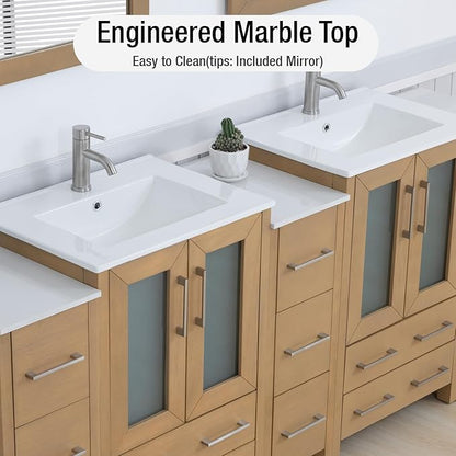 HOMEBEYOND 84 Inch Modern Bathroom Vanity with Sink & Mirror, Double Sink Vanity Cabinet with Basin and Mirror, Dove-Tailed Drawers, Soft-Closing Doors, Wood, Natural Oak