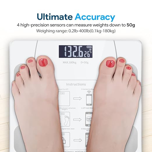 Smart Body Fat Scale with Led Display - Digital Bathroom Scale with Bluetooth, Accurate Body Composition Measurement, Muscle Mass, BMI, and Body Water Analysis (White)