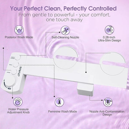 Jamini Ultra-Slim Detachable Bidet Attachment for Toilet – Non-Electric Cold Water, Self-Retraction Dual Nozzles, Step-less Pressure Dial, Dedicated Cleaning Mode, CA65 Certified