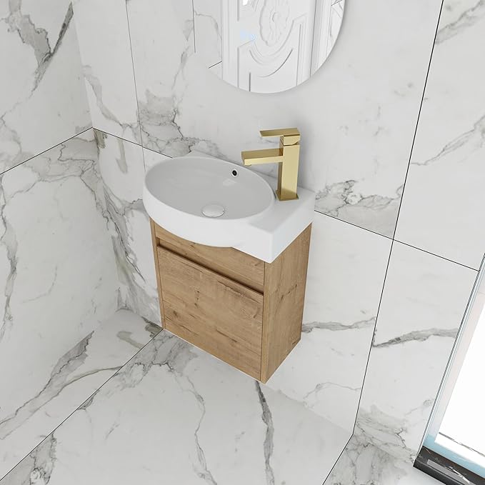 16" Wall-Mounted Bathroom Vanity with Sink - Floating Vanity Cabinet for Small Bathrooms, Soft-Close Door & Built-in Storage, Honey Oak Finish (Space-Saving Waterproof Design)