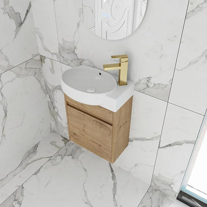 16" Wall-Mounted Bathroom Vanity with Sink - Floating Vanity Cabinet for Small Bathrooms, Soft-Close Door & Built-in Storage, Honey Oak Finish (Space-Saving Waterproof Design)