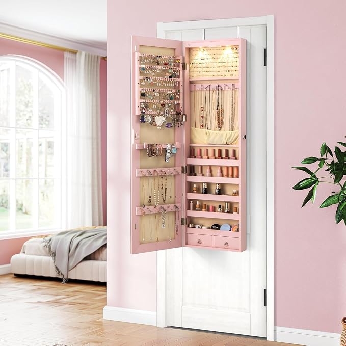 LOKO Mirrored Jewelry Armoire, Wall/Door Mounted Jewelry Cabinet with Full-Length Mirror, Lockable Jewelry Storage Organizer with 2 Drawers & 2 LED Lights, for Girls Women Gift Bedroom (Light Pink)