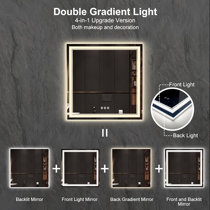 LED Mirror for Bathroom, 36x36 Inch, 3 Colors Dimmable CRI>90 Double Lights, Enhanced Anti-Fog, Hanging Plate Wall Mount Lighted Vanity Mirror