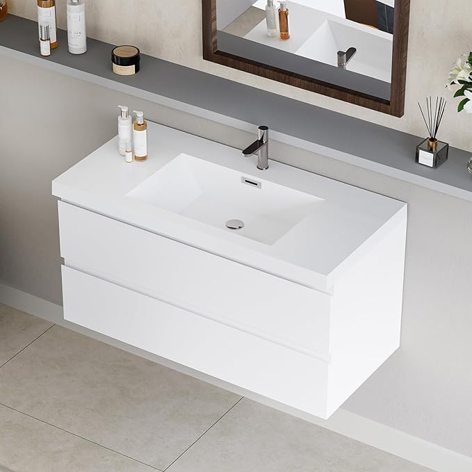 Wall Mounted 42 Inch Bathroom Vanity with Sink, Floating Vanity Bathroom, Single Sink Bathroom Vanity, 2 Drawers, Resin Integrated Sink (Glossy White)