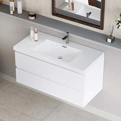 Wall Mounted 42 Inch Bathroom Vanity with Sink, Floating Vanity Bathroom, Single Sink Bathroom Vanity, 2 Drawers, Resin Integrated Sink (Glossy White)