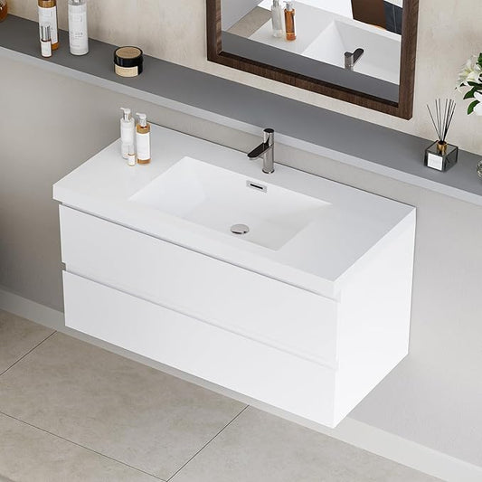 Wall Mounted 42 Inch Bathroom Vanity with Sink, Floating Vanity Bathroom, Single Sink Bathroom Vanity, 2 Drawers, Resin Integrated Sink (Glossy White)