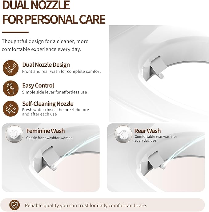 Raised Bidet Toilet Seat, Elongated 18.5", Soft Close | 2.91" raised height, dual self-cleaning nozzles, front & rear wash, quick release, non-electric, secure fit
