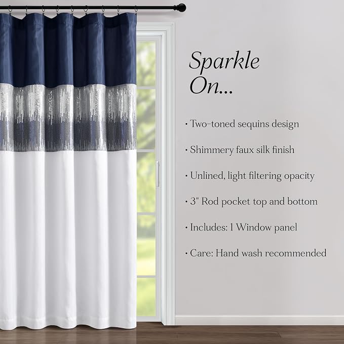 Lush Decor Night Sky Window Curtain Panel, Single 100"W x 84"L Navy & White - Sequin Backdrop Curtain - Extra Wide Curtains - Sliding Door Curtain