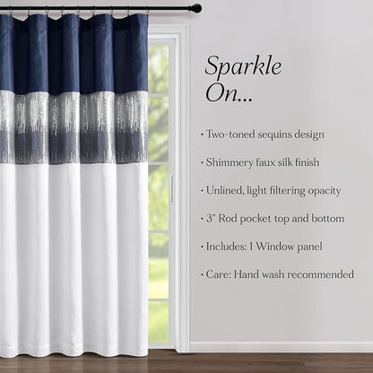 Lush Decor Night Sky Window Curtain Panel, Single 100"W x 84"L Navy & White - Sequin Backdrop Curtain - Extra Wide Curtains - Sliding Door Curtain