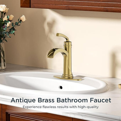 Forious Single Handle Bathroom Faucets Brushed Gold One Hole Antique Waterfall Bathroom Faucet with Metal Pop Up Drain and Deck Plate for Lavatory Vanity Farmhouse RV
