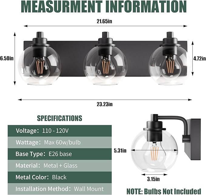 Bathroom Light Fixtures-Matte Black Vanity Lights for Bathroom, Modern Black Vanity Lights 3-Light Bathrooms Lighting Fixtures Over Mirror with Clear Glass Shade