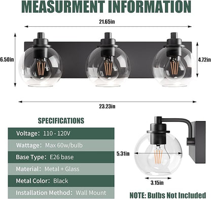 Bathroom Light Fixtures-Matte Black Vanity Lights for Bathroom, Modern Black Vanity Lights 3-Light Bathrooms Lighting Fixtures Over Mirror with Clear Glass Shade