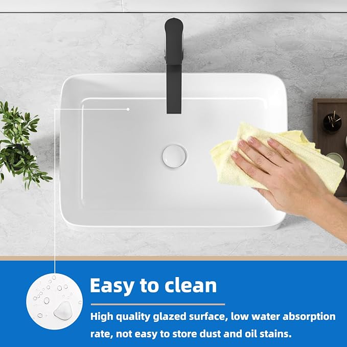 20" x 13.5" Rectangular Vessel Sink for Bathroom - KINGWONG Above Counter White Ceramic Porcelain Vanity Sink, Shallow Depth 4.3", No Overflow Hole, Top Mount Bathroom Basin for Modern Home