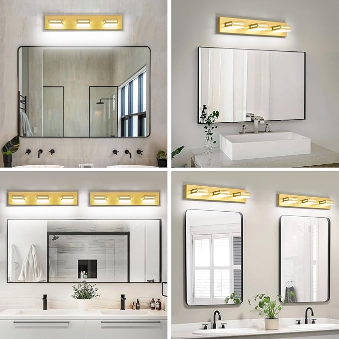 LED Modern Bathroom Light Fixtures, 3-Light 24-Inch Gold Vanity Lights for Bathroom Lighting Fixtures Over Mirror, 350° Rotatable Acrylic, 6000K Cool White Wall Lamp