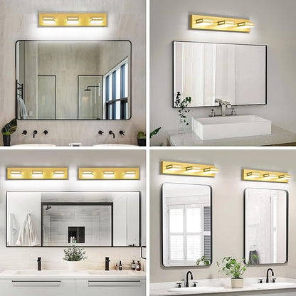 LED Modern Bathroom Light Fixtures, 3-Light 24-Inch Gold Vanity Lights for Bathroom Lighting Fixtures Over Mirror, 350° Rotatable Acrylic, 6000K Cool White Wall Lamp