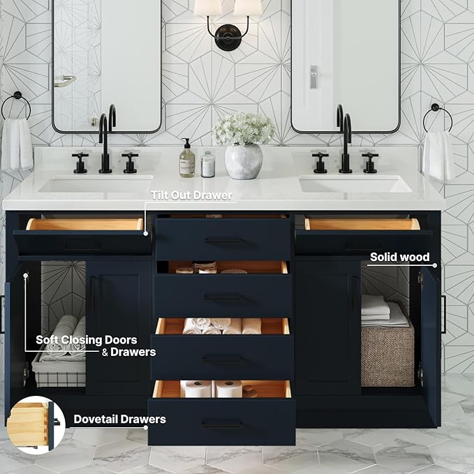 ARIEL Hepburn 66-inch Bathroom Vanity with Sink,Solid Wood, 1.5-inch Pure White Quartz Countertop, Double Rectangular Porcelain Sink, 4 Soft Closing Doors, 6 Dovetail Drawers, Midnight Blue
