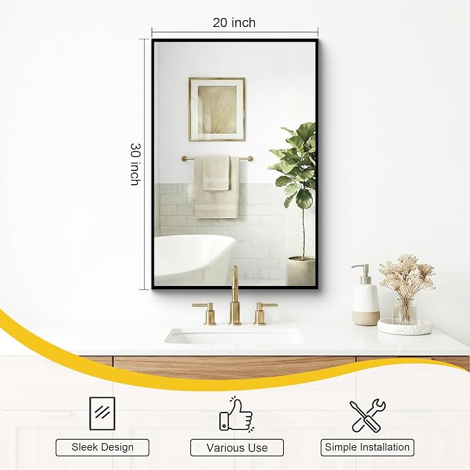 Bathroom Mirror for Wall, 2 Pack 20"x30" Black Vanity Mirror | Sturdy Rectangular Metal Frame, HD Tempered Glass, Hangs Horizontally or Vertically in Bedroom, Living Room, Entryway