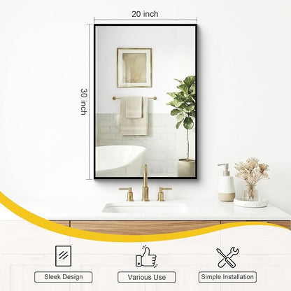 Bathroom Mirror for Wall, 2 Pack 20"x30" Black Vanity Mirror | Sturdy Rectangular Metal Frame, HD Tempered Glass, Hangs Horizontally or Vertically in Bedroom, Living Room, Entryway