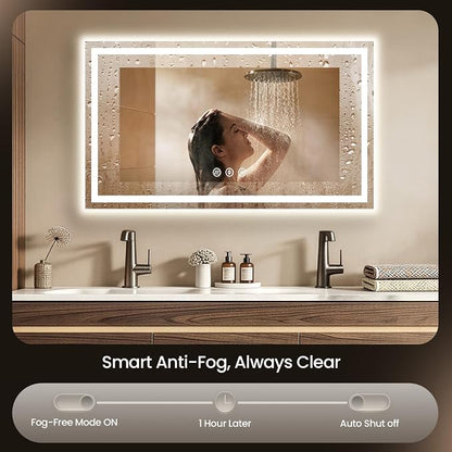 55x36 LED Bathroom Mirror with Anti-Fog, Backlit & Front Lit, Memory | Stepless Dimmable 3 Color CRI 95+ Shatterproof Tempered Glass ETL Listed for Safety Lighted Bathroom Vanity Mirror for Wall