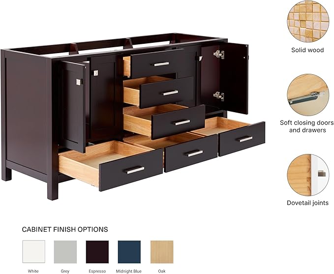 ARIEL Cambridge 66-inch Bathroom Vanity Base Cabinet,Solid Wood, 4 Soft Closing Doors, 6 Dovetail Drawers, Espresso