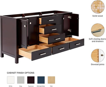 ARIEL Cambridge 66-inch Bathroom Vanity Base Cabinet,Solid Wood, 4 Soft Closing Doors, 6 Dovetail Drawers, Espresso