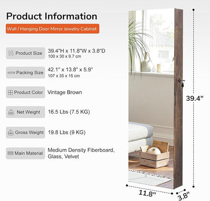 GISSAR Full Length Mirror Jewelry Cabinet, 6 LEDs Jewelry Armoire Wall Mounted Over The Door Hanging, Jewelry Organizer Display Storage Furniture with Lights Locker Mirrored Cabinet, Vintage Brown