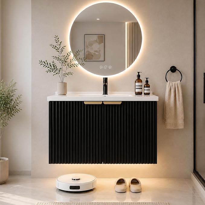 30" Floating Bathroom Vanity with Sink, Wall Mounted Bathroom Vanity Set with Fluted Doors, USB-Powered RGB LED Strip, Soft-Close Doors, Gold Handles, Black