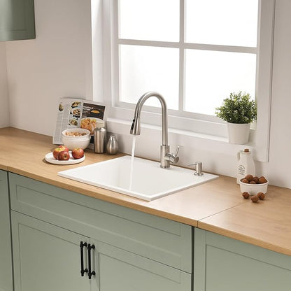 25 Inch White Drop In Kitchen Sink | 25x22 Drop In Kitchen Sink Quartz Granite Composite Single Bowl Outdoor Top Mount Basin with Small Rubber Squeegee