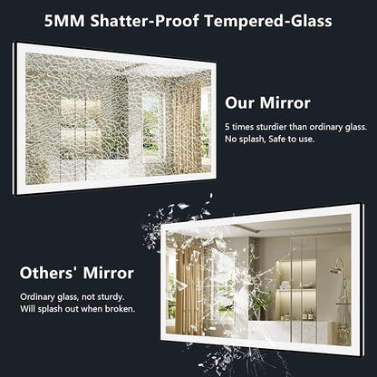 66x40 LED Bathroom Mirror with Lights, Black Framed Lighted Mirror | Backlit and Front Light, Anti-Fog, 3 Color Dimmable, Memory, Tempered Glass, IP54 Waterproof, UL Listed