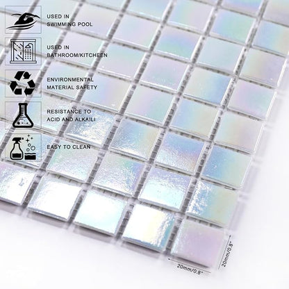 11.5sq.ft Iridescent White Glass Mosaic Tile for Bathroom, Pool, Backsplash | Waterproof Wall & Floor Tile. Heat & frost resistant outdoors. Mesh-mounted easy install. Use any grout. Easy clean. 10pcs.
