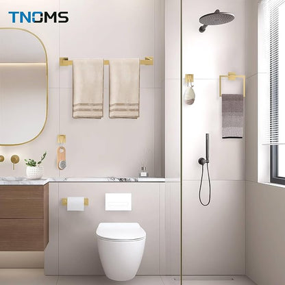 5-Piece Towel Bar Set Brushed Gold Bathroom Hardware Accessories Set Includes Upgraded Double Base Toilet Paper Holder,Modern Square Towel Holder Set Stainless Steel Wall Mount 23.6 Inch