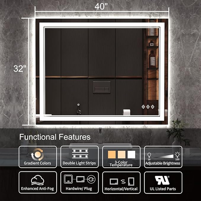 LED Bathroom Mirror, 40x32 Inch Gradient Front and Backlight Bathroom Vanity Mirror, 3 Colors Dimmable CRI>90 Double Lights, IP54 Enhanced Anti-Fog, Hanging Plates Wall Mount LED Mirror