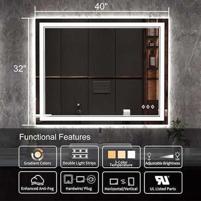 LED Bathroom Mirror, 40x32 Inch Gradient Front and Backlight Bathroom Vanity Mirror, 3 Colors Dimmable CRI>90 Double Lights, IP54 Enhanced Anti-Fog, Hanging Plates Wall Mount LED Mirror