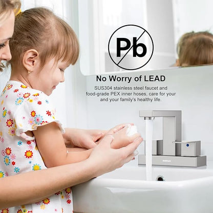 Bathroom Sink Faucet, Hurran 4 inch Brushed Nickel Bathroom Faucets for Sink 3 Hole with Pop-up Drain and Supply Lines, Stainless Steel 2-Handle Faucet for Vanity RV Restroom, 2 Pack