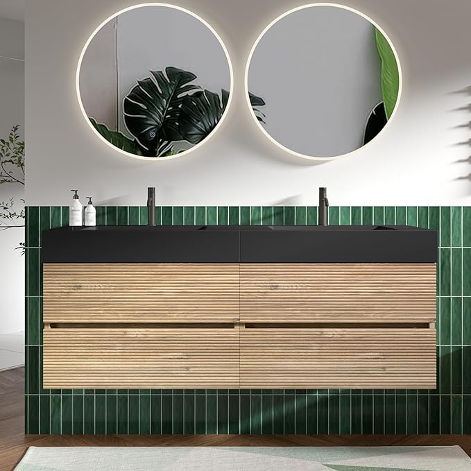 60" Floating Bathroom Vanity with Sink Combo, Modern Floating Double Sink Bathroom Vanity with Black Engineered Stone Tops & 4 Soft-Closing Drawers, Large Storage for Apartment, Hotel, Rough Oak