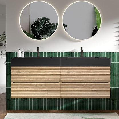 60" Floating Bathroom Vanity with Sink Combo, Modern Floating Double Sink Bathroom Vanity with Black Engineered Stone Tops & 4 Soft-Closing Drawers, Large Storage for Apartment, Hotel, Rough Oak
