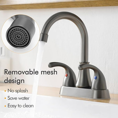 Bathroom Sink Faucet FRANSITON 4 Inch 2 Handle Lead-Free Brushed Grey Bath Sink Faucet with Pop-up Drain Stopper and Supply Hoses