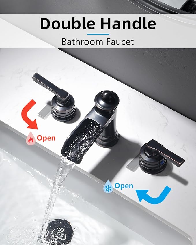 Fapully Oil Rubbed Bronze Bathroom Sink Faucet, Waterfall Bathroom Faucets 3 Hole, 8 Inch Widespread Bathroom Faucet with Pop-up Drain, 2-Handle Faucet for Bathroom Sink Vanity RV