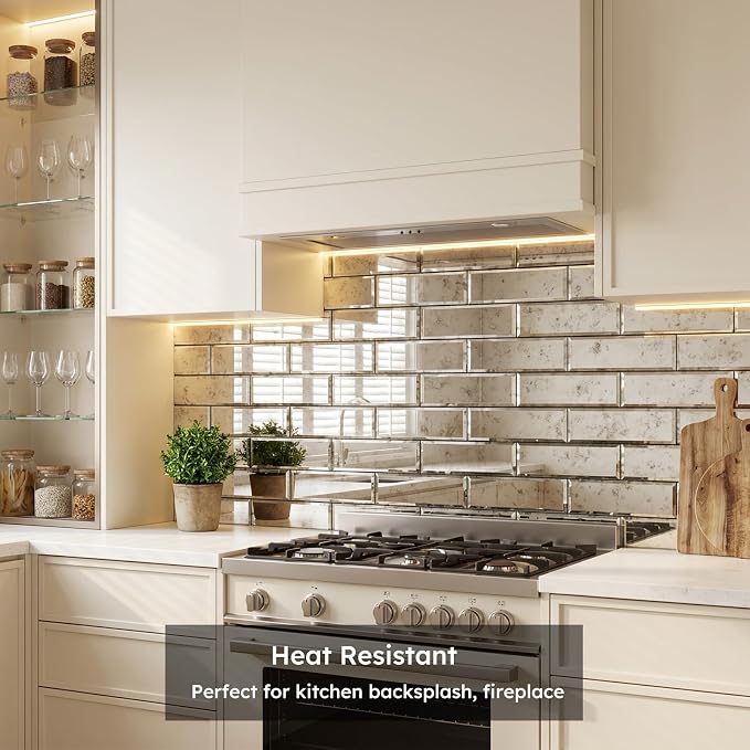 Peel and Stick Mirror Backsplash, Light Antique, 4x12 Inch, Beveled Mirror Subway Kitchen Bar Wall Tile (5 Sq.ft, 15 Pcs)