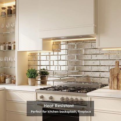 Peel and Stick Mirror Backsplash, Light Antique, 4x12 Inch, Beveled Mirror Subway Kitchen Bar Wall Tile (5 Sq.ft, 15 Pcs)
