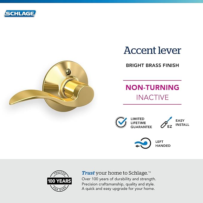 Schlage F170 ACC 605 LH Left Handed Accent Door Lever, One Sided Non-Turning Dummy Door Handle, Bright Brass