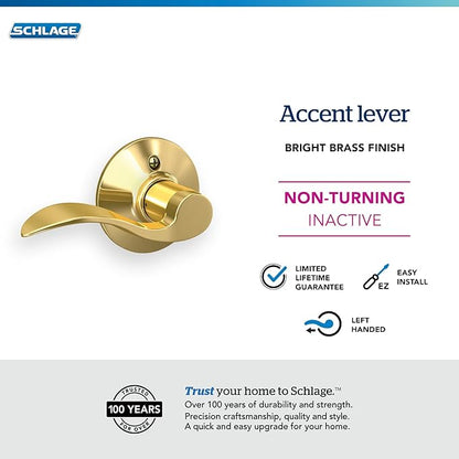 Schlage F170 ACC 605 LH Left Handed Accent Door Lever, One Sided Non-Turning Dummy Door Handle, Bright Brass