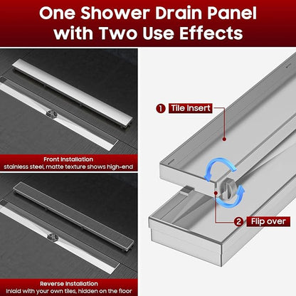 DLONE® Linear Shower Drain - 48 Inch Brushed Nickel, with Tile Insert Panel | AISI 304 Stainless Steel Linear Drain, Rectangle Shower Floor Drain, with Adjustable Feet, Fits Bathroom & Balcony etc
