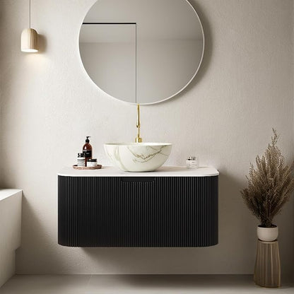 30" Floating Bathroom Vanity with Sink, Natural Solid Wood Modern Bathroom Vanities with Ultra-Thin Marble Bowl Shape Sink and Countertop, Soft-Close Design, Pre-Assembled Cabinet, Black