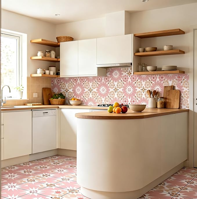 Peel and Stick Floor Tile, Waterproof 11.8x11.8 inches Self- Adhesive Vinyl Flooring for Kitchen, Bathroom, Laundry - Easy Install Removable Flooring for Renters (Pink)
